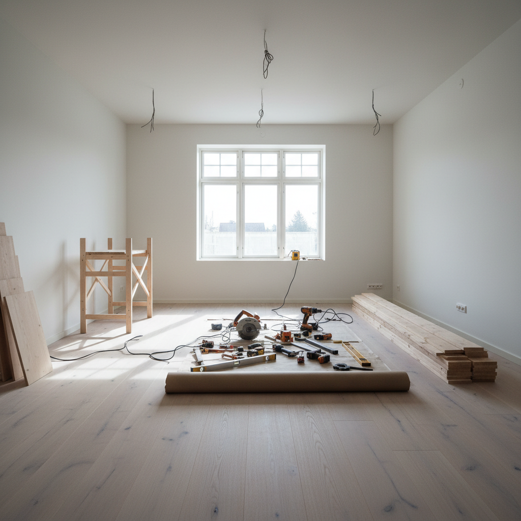 Moderne, lys stue under renovering med nye vinduer og trægulv.